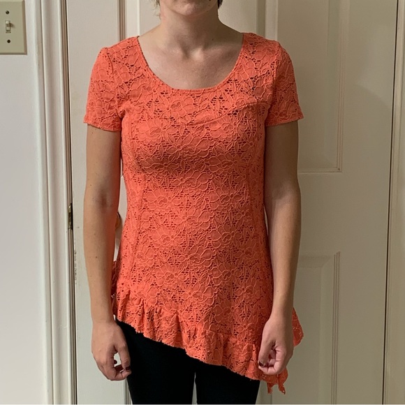 🌷3 for$20🌷Terra Nostra Femme, US S, Orange Lace Asymmetrical Ruffle Edge Top - Picture 1 of 9